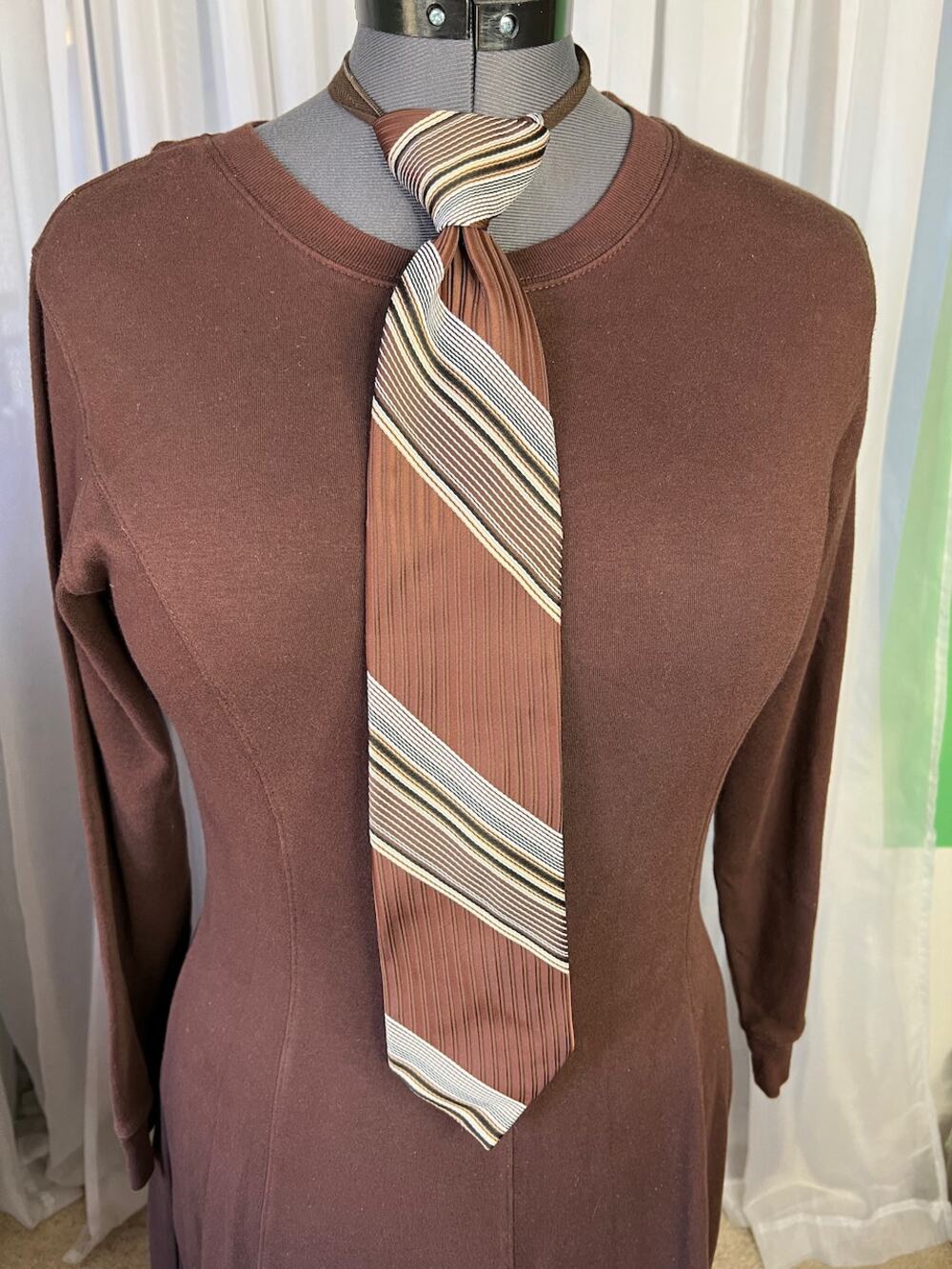 vintage zipper tie 1980s Diagonal stripe brown black